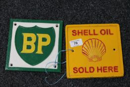 Two square cast iron signs - BP and Shell