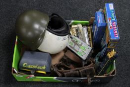 A box of motor cycle helmet, military helmet, leather belts, boxed Concorde plane,