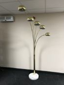 A brass five arm floor lamp on circular marble base CONDITION REPORT: Height 210cm.