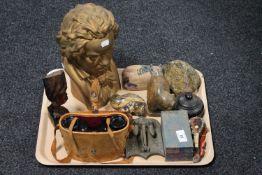 A tray of cased binoculars, carved marble bear figure, miniature mandolin,
