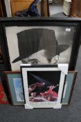 A framed Humphrey Bogart black and white print, two framed Art Deco Clarice Cliff crockery prints,