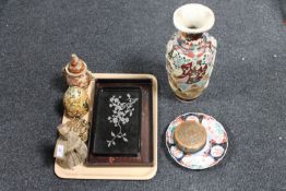 A tray of Oriental china, Imari plate, Kutani vase,