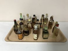 A tray of twenty two alcohol miniatures - Bells & Dimple whiskey, Captn Morgan rum, Martell cognac,
