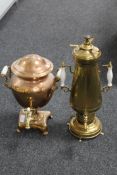 A copper and brass samovar together with a Danish brass oil powered water heater
