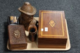 A tray of twentieth century inlaid mahogany jewellery box, carved hardwood box,