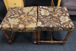 A pair of D B Hansen oak stools upholstered in tapestry fabric