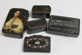 Five antique papier mache snuff boxes