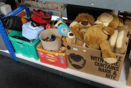 Three boxes of soft toys, Flintstone figures,