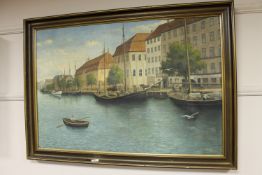 Continental school : boats on a canal, oil on canvas, framed.