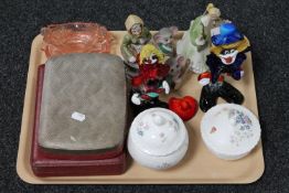 A tray of figurines, Coalport powder bowl and vase, cased cutlery,