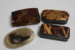 Three antique tortoiseshell snuff boxes together with a horn snuff box (4)