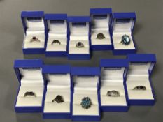 A collection of gold and silver rings, silver necklace etc.
