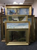 Eight framed continental school oils - rural scenes etc