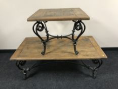 A contemporary pine topped rectangular coffee table on iron base together with matching lamp table
