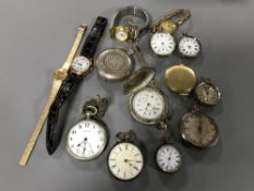 A collection of assorted wrist watches and pocket watches, four of which are silver.