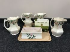 A tray of four Ringtons Maling lustre jugs together with a Maling lustre plant trough and a china