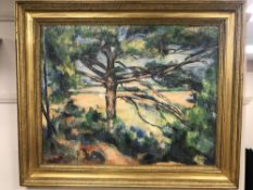 20th century school, A tree with farmland beyond, oil on canvas, 84cm by 67cm,
