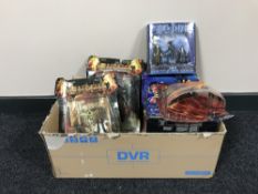 A box containing Pirates of the Caribbean and Harry Potter Lost in Space figures