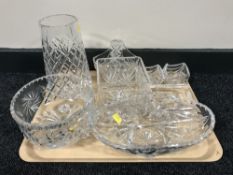 A tray of assorted lead crystal vases and bowls