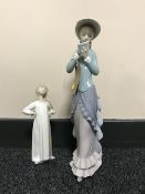 A Lladro figure - lady reading a/f and a Lladro figure - girl in night dress