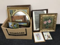 A box of continental school oils, needlework pictures,