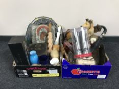 Two boxes of ornaments, vintage rolling pin, metal plaques,