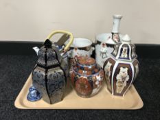 A tray of oriental style china including planters, vases, teapot,