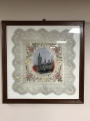 An early 20th century mahogany framed silk embroidery depicting a church