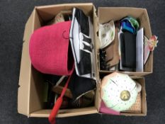 Four boxes of art supplies, soft furnishings, hanging organiser, Bunnykins plate,