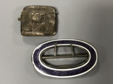 An antique silver enamel buckle together with a silver vesta case.