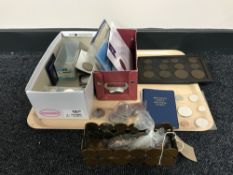 A tray of a collection of assorted coins including pre decimal one penny pieces,