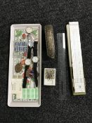 A tray of sterling silver backed hand brush, gilt metal fob, rosary beads, wrist watches,