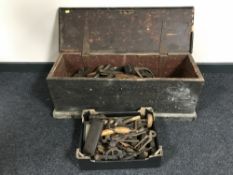 A pine toolbox containing a quantity of vintage hand tools together with another box containing