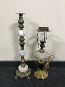 A gilt metal and marble table base together with a converted brass and glass oil lamp