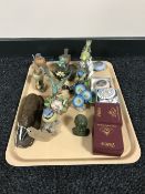 A tray of china bird ornaments, boxed Royal Worcester Palissy pill boxes,