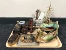 A tray containing carved Oriental figures, Oriental lacquered box, china inkwell,