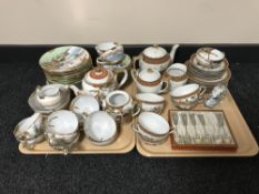 Two trays of two Japanese egg shell tea services, cased Singapore teaspoons,