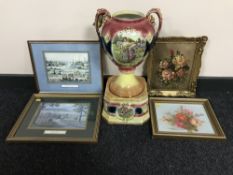 A Victorian transfer printed vase on stand together with two gilt framed oils - Still life,