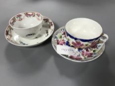 Two 18th century hand painted tea bowls with saucers