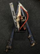 A box of hand tools, spirit levels,