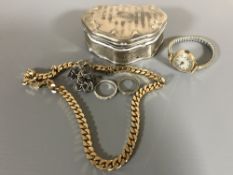 A silver trinket box, together with a 9ct gold cased wristwatch, silver padlock bracelet,