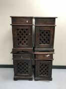 Four contemporary hardwood bedside cabinets with lattice doors