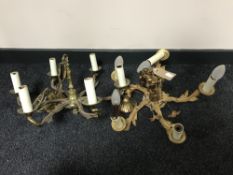 Two decorative brass five way light fittings