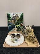 A tray of Foley teapot, German ceramic pipe holder, Wedgwood plate,