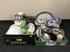 Two boxes and a crate of Crown Ducal dinner ware, Beswick bowls, planters, toilet jugs,
