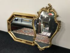An ornate gilt framed octagonal bevelled edge overmantel mirror together with another mirror