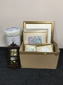 A box containing framed prints by Jill Walker, Roger Desoutter, together with a wall clock,