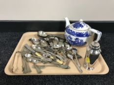 A tray of Burleigh ware blue and white willow pattern teapot, plated sugar sifter,