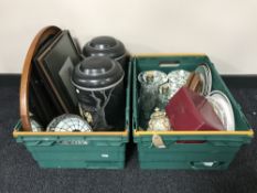 Two crates of mirror, pictures, two Oriental metal tea caddy, Tiffany style shade, plates,