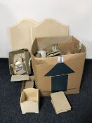 A crate containing a quantity of MDF handicraft blanks for decoupage, stencilling and the like, etc.